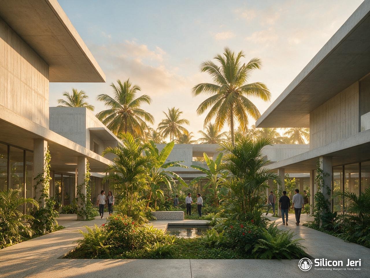 A wide courtyard view of a modern Kerala coworking campus at golden hour, representing the realistic timeline for Manjeri becoming a tech hub