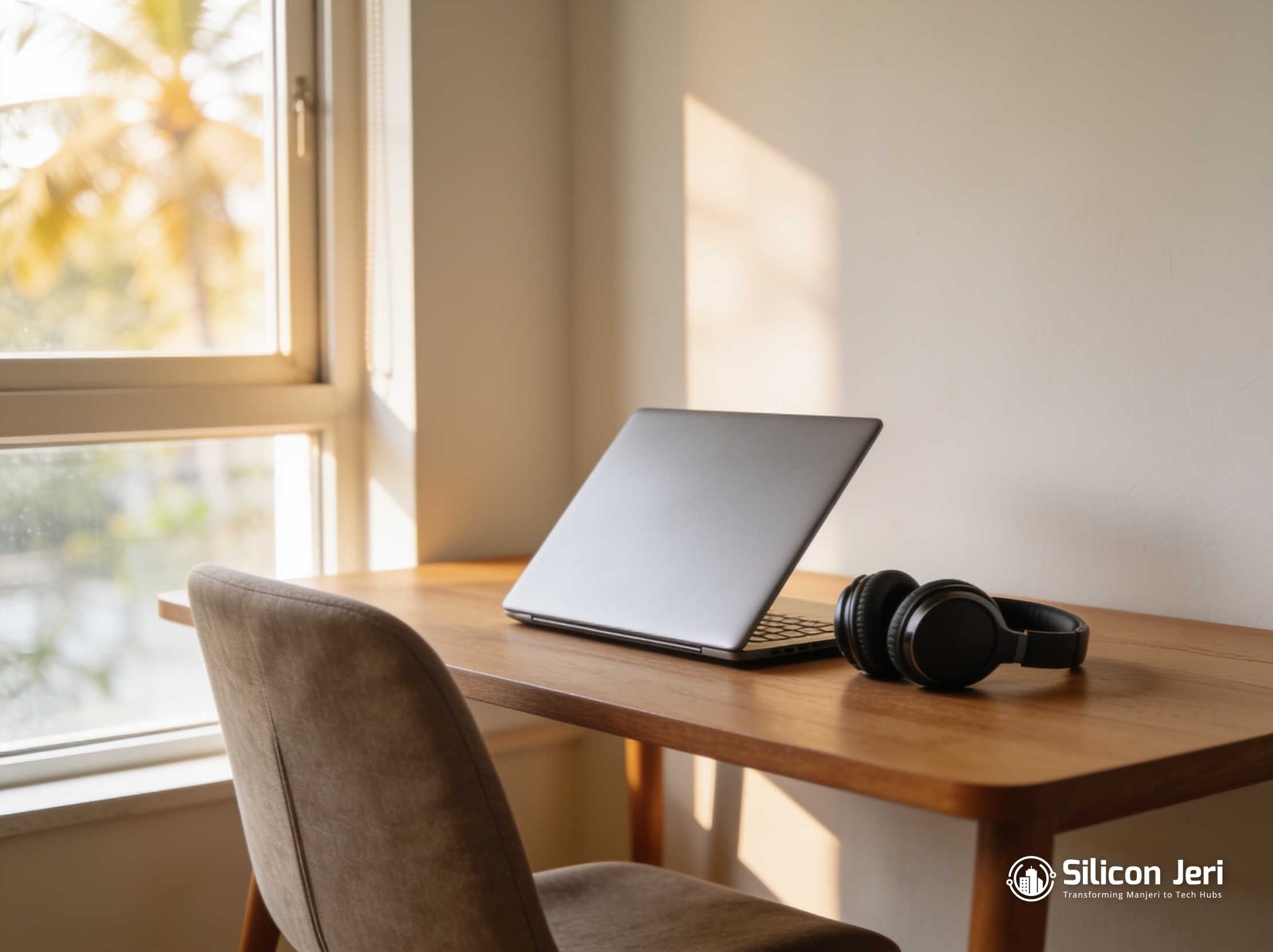 A remote work desk by a window, representing Malayali diaspora mentors who guide Silicon Jeri founders without moving back to Kerala